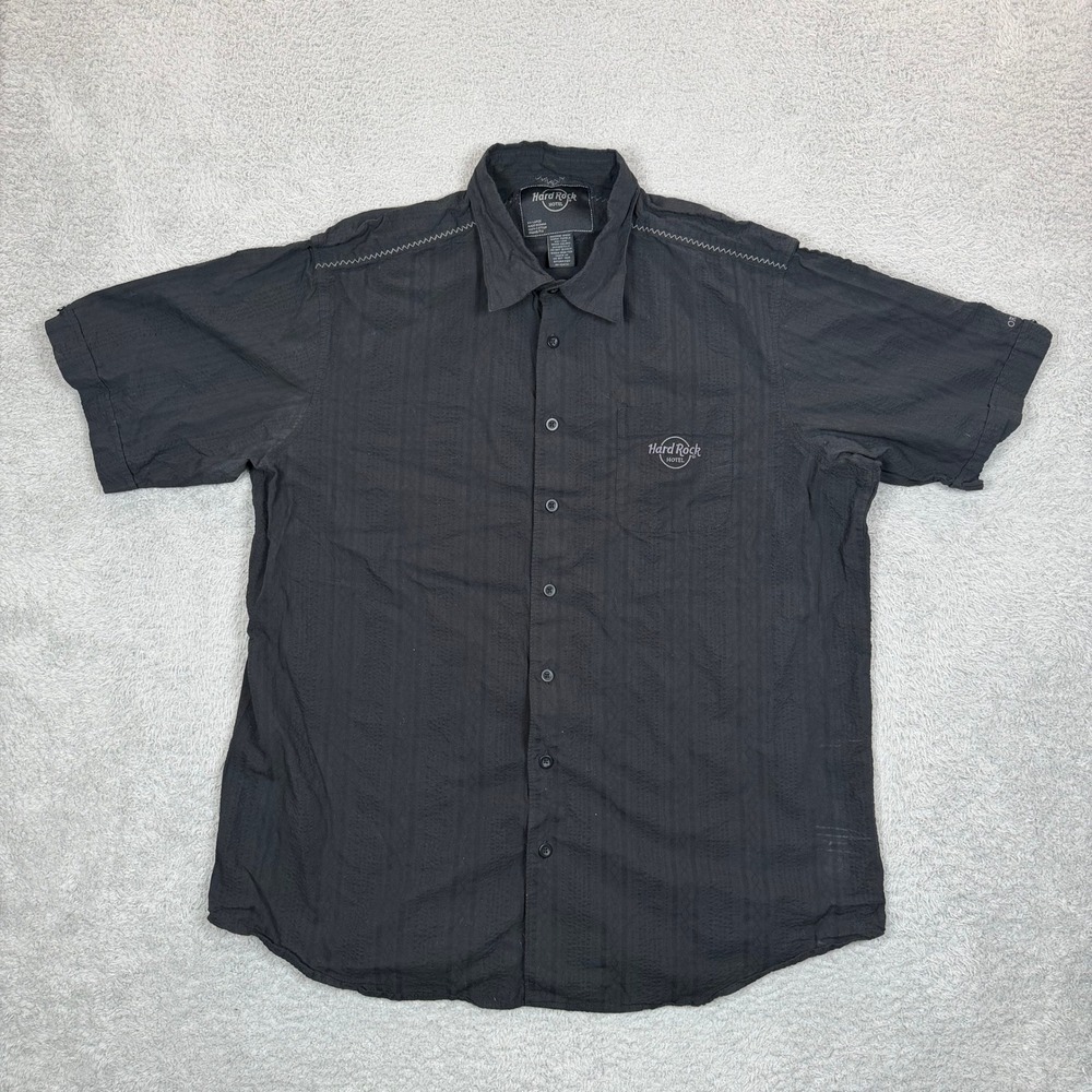 Hard Rock Hotel Mens XXL Black Cotton Textured Short Sleeve Button Up Shirt Logo